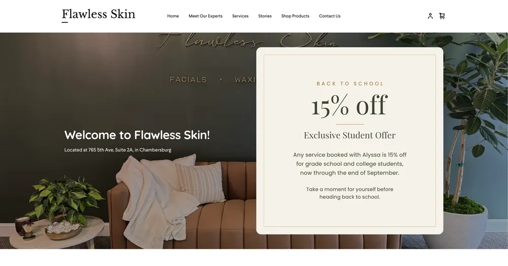 Homepage of the Flawless Skin website