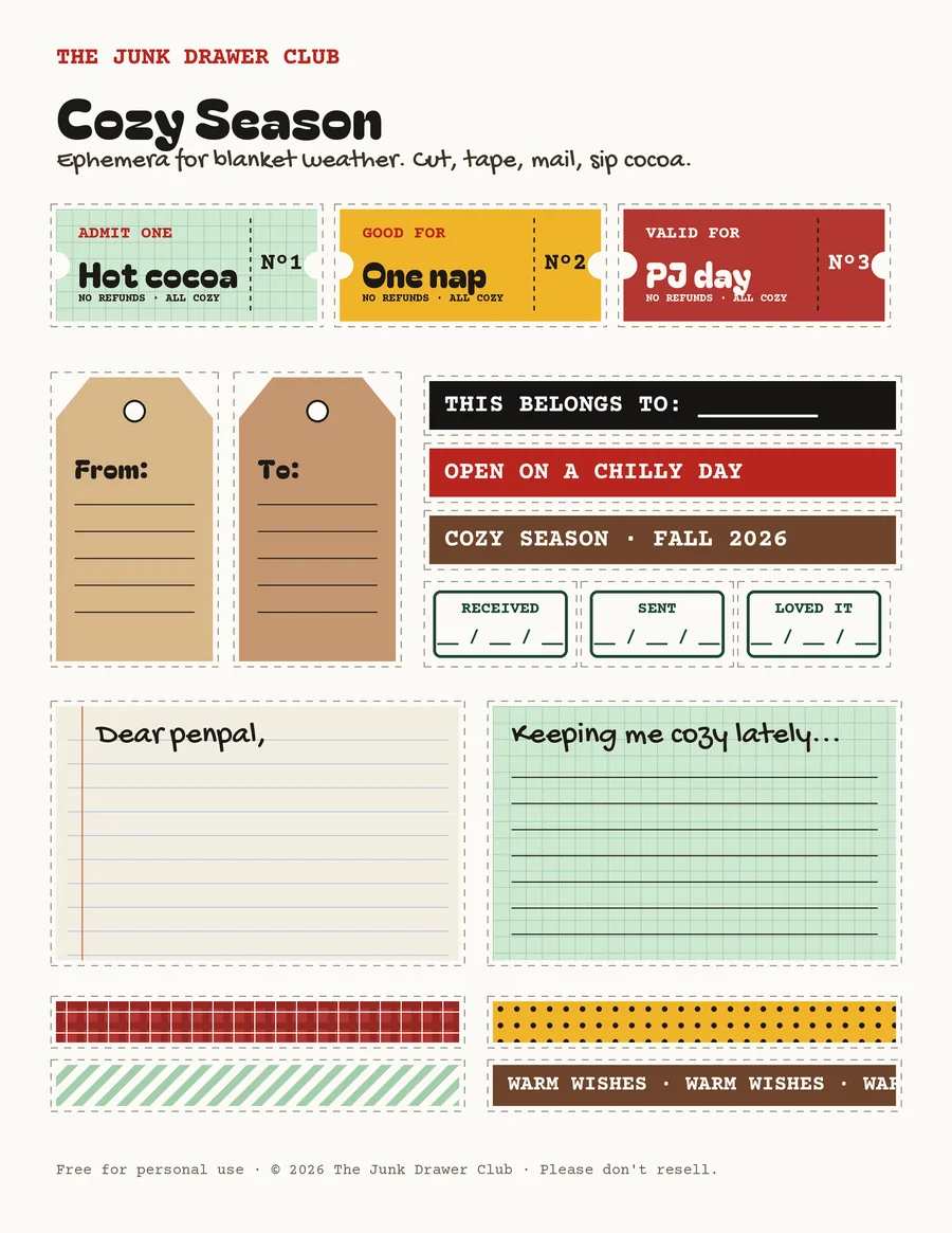 Preview of the free Cozy Season ephemera sheet: hot cocoa tickets, gift tags, labels, date stamps, journaling cards and plaid tape strips